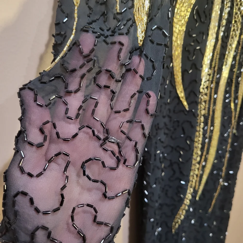 Vintage black & gold full length silk beaded formal gown - Picture 5 of 13